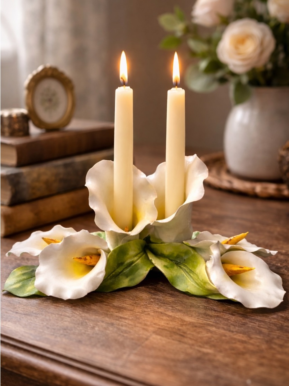 Porcelain Calla Lily Double Taper Candle Holder - White & Green